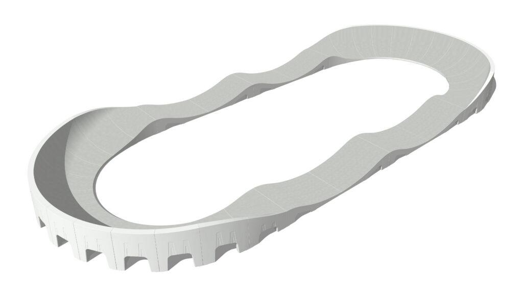 Fertig-Pumptrack-Model-O-Visualisierung-2 Visualisierung Fertig‑Pumptrack Model O mit ca. 16,21 x 7,00 m Grundfläche und rund 41 m Pumptrack‑Anlage – eine kompakte kommunale Anlage für über 15 Sportarten mit falldämpfender Oberfläche.