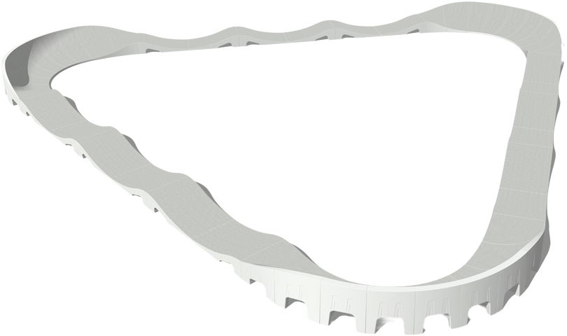 Fertig‑Pumptrack Model 3 Eck mit ca. 18,33 x 19,90 m Fläche und rund 62 m Pumptrack‑Strecke – großes, modulares Pumptrack‑Dreieck für über 15 Sportarten mit falldämpfender Hyper‑Grip Oberfläche.