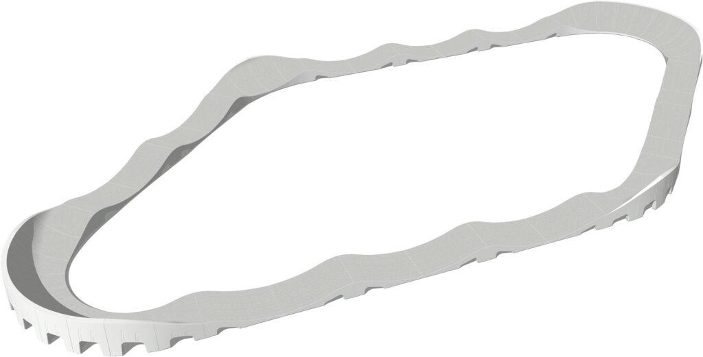 Fertig-Pumptrack-Model-48-Visualisierung Visualisierung Fertig‑Pumptrack Model 48 mit ca. 19,95 x 7,00 m Fläche und rund 49 m Pumptrack‑Strecke – kompakte, modulare Pumptrack‑Anlage für über 15 Sportarten mit falldämpfender Hyper‑Grip Oberfläche.