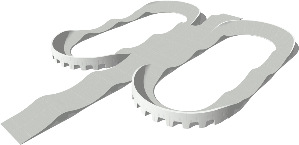Fertig-Pumptrack-Model-Raceking-Visualisierung Visualisierung Fertig‑Pumptrack Model Raceking mit ca. 24,01 x 16,43 m Fläche und rund 131 m Pumptrack‑Strecke – großes modulares Rampen‑System für über 15 Sportarten mit falldämpfender Hyper‑Grip Oberfläche.