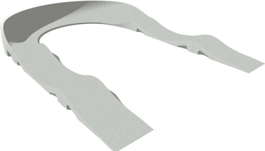 Fertig-Pumptrack-Model-U-Visualisierung Fertig‑Pumptrack Model U mit ca. 10,66 x 7,00 m Fläche und rund 26 m Pumptrack‑Strecke – kompakte Pumptrack‑Lösung für über 15 Sportarten mit falldämpfender Hyper‑Grip Oberfläche.