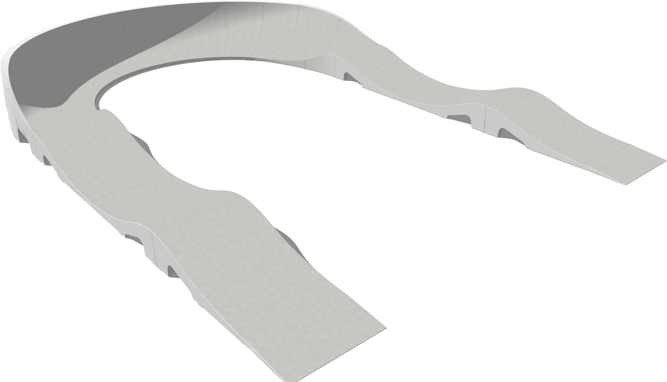 Fertig-Pumptrack-Model-U-Visualisierung Fertig‑Pumptrack Model U mit ca. 10,66 x 7,00 m Fläche und rund 26 m Pumptrack‑Strecke – kompakte Pumptrack‑Lösung für über 15 Sportarten mit falldämpfender Hyper‑Grip Oberfläche.