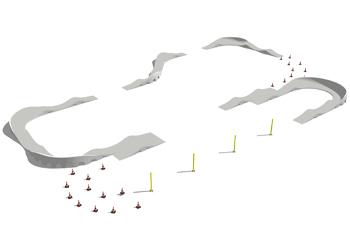 Visualisierung Fertig‑Pumptrack Motorik‑Schule mit ca. 29,76 x 16,94 m Fläche und rund 85 m Pumptrack‑Strecke – modulare Motorik‑ und Koordinationsanlage für Kinder, Schule und Anfänger mit falldämpfender Hyper‑Grip Oberfläche.